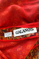 Late 1970s James Galanos Printed Rust & Coral Silk Chiffon Jumpsuit w Extra Wide Slit Pant Legs