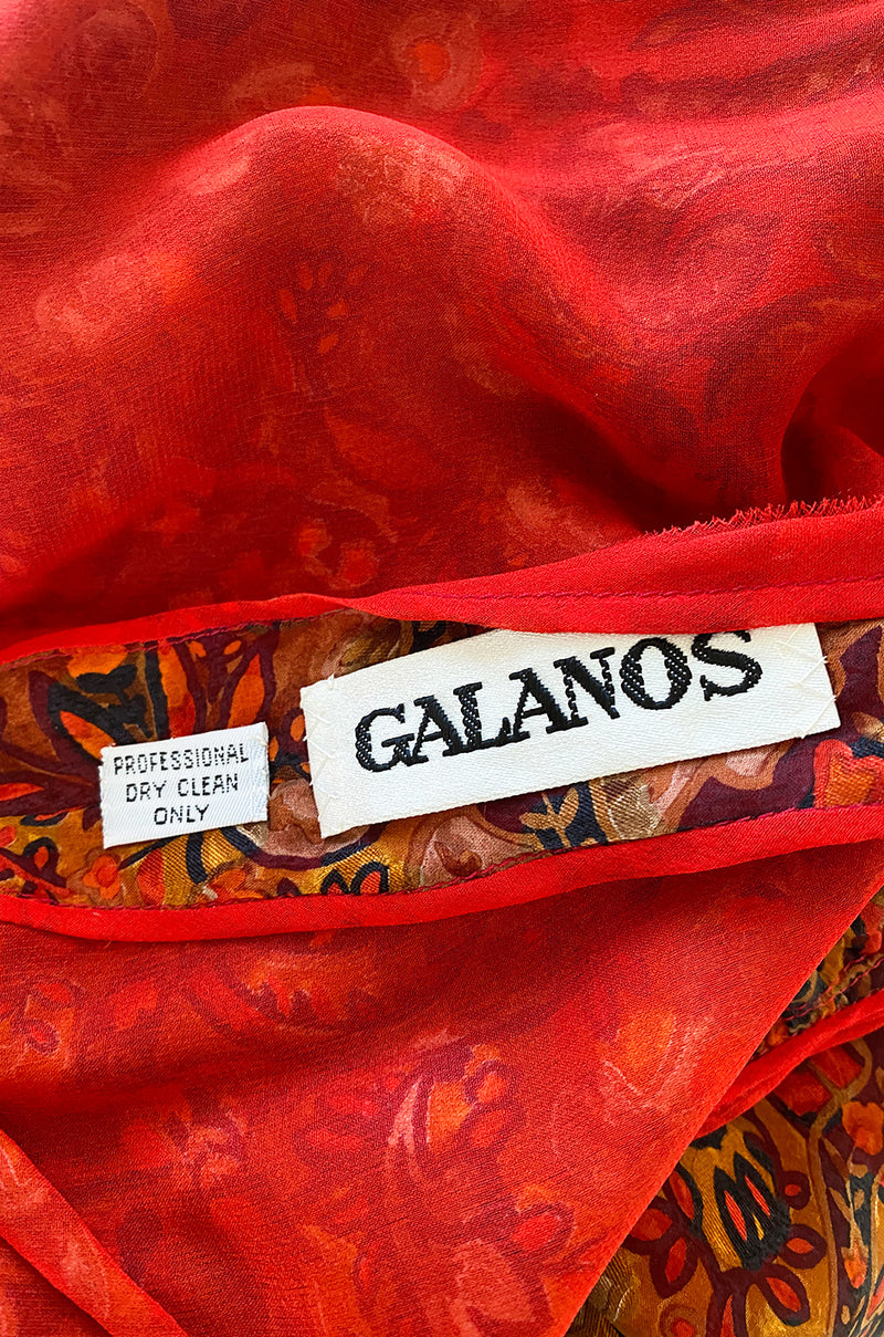 Late 1970s James Galanos Printed Rust & Coral Silk Chiffon Jumpsuit w Extra Wide Slit Pant Legs