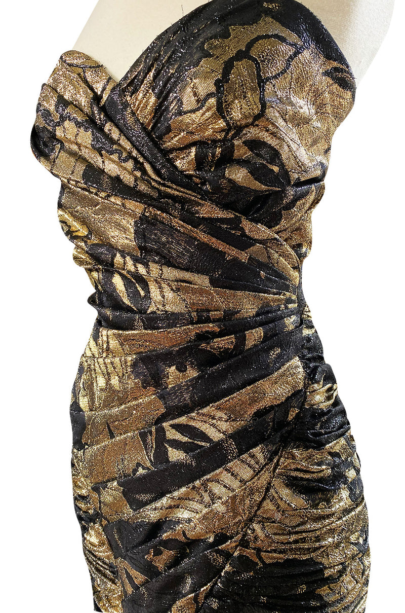 Fall 1988 Emanual Ungaro Strapelss Gold Metallic Black & Gold Ruffled Hem Dress