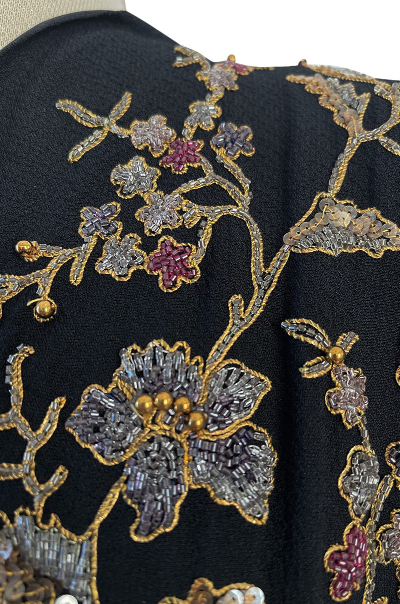 Stunning 1930s Unlabeled Moss Silk Crepe Dress w Dense Beading Sequin & Gold Thread Embroidery