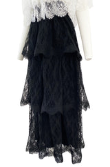 Prettiest 1970s Alfred Bosand Black & White Lace Tiered Off Shoulder Full Length Dress