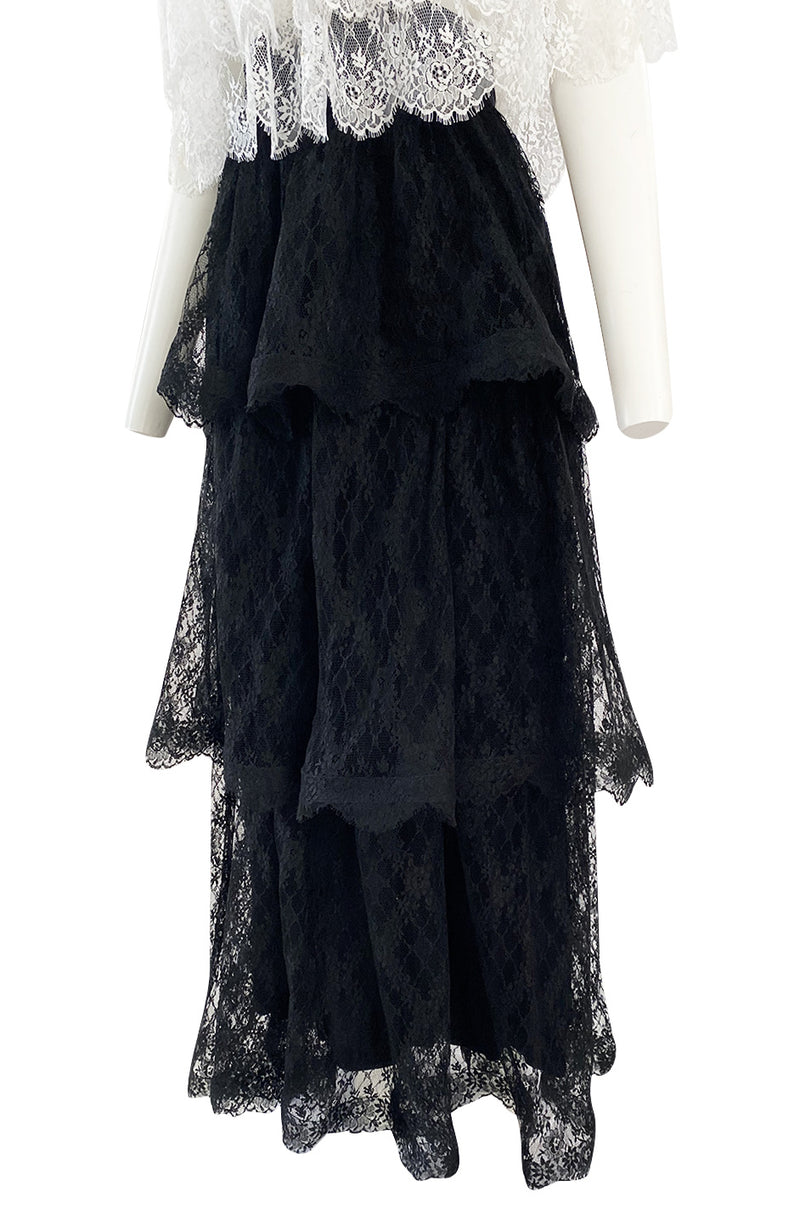 Prettiest 1970s Alfred Bosand Black & White Lace Tiered Off Shoulder Full Length Dress