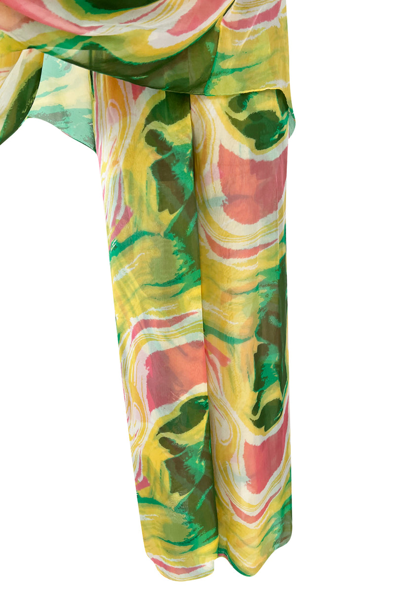 More Recent Unlabeled Vintage Flowing Silk Chiffon Jumpsuit in Pinks & Greens