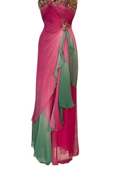 1980s Vicky Tiel Couture Pink & Greem Silk Chiffon Dress w Bead & Sequin Bodice