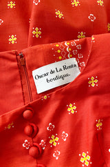 Spring 1971 Oscar de la Renta Red Printed Dress w Pouf Sleeves & Original Belt