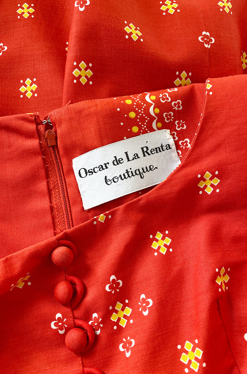 Spring 1971 Oscar de la Renta Red Printed Dress w Pouf Sleeves & Original Belt