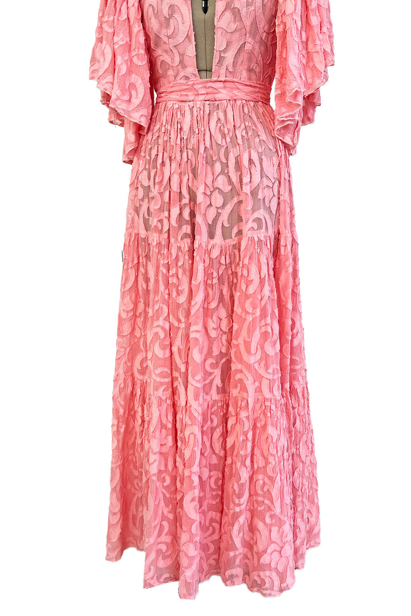 Amazing 1930s Unlabeled Pink Light Woven Cotton Tiered Applique Dress w Amazing Sleeves