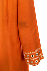 1960s Hand Applied Cord & Mirror Detailed Orange Cotton Caftan Dress