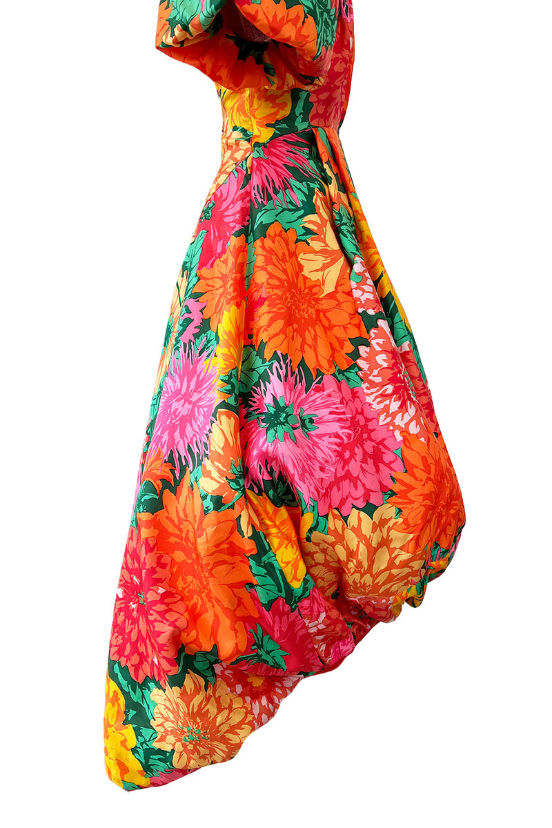 Brilliant Spring 1987 Arnold Scaasi Off Shoulder Silk Twill Floral Dress w Pouf Skirts