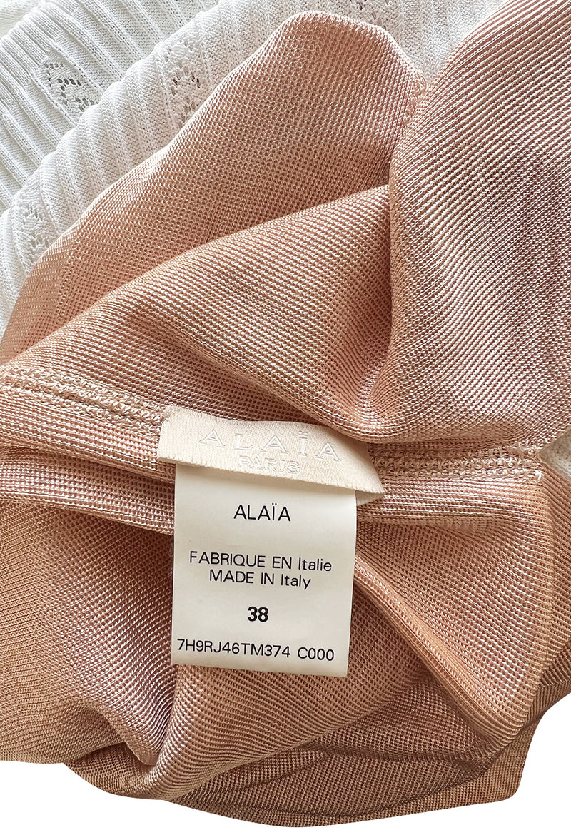 Mid 2000s Azzedine Alaia Supermodel Length White Knit w Nude Underlay Illusion Dress