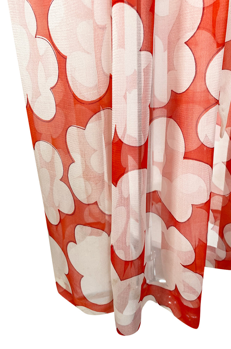c. 1978 Yves Saint Laurent Large Floral Print Coral Plunge Silk Chiffon Dress