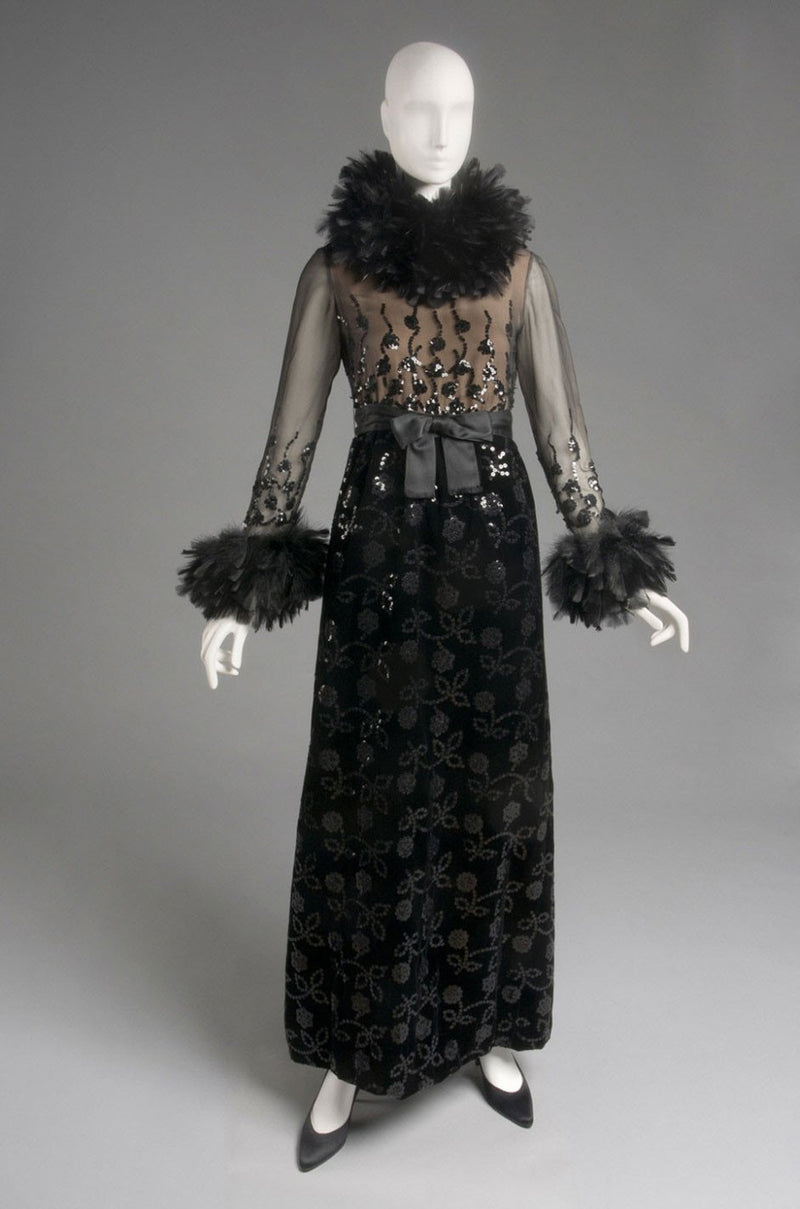 Documented Fall 1970 Oscar de la Renta Ostrich Feather & Sequin Silk Dress