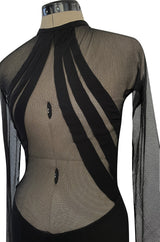 Spectacular 2005 John Anthony Couture Black Stretch Jersey Dress w Curved Netted Cut Outs