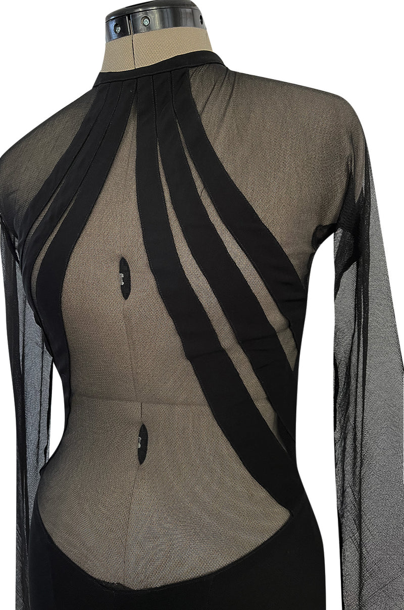 Spectacular 2005 John Anthony Couture Black Stretch Jersey Dress w Curved Netted Cut Outs