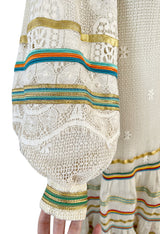 1975 Giorgio Sant' Angelo Hand Crochet Dress w Balloon Sleeves & Metallic Ribbon Detailing