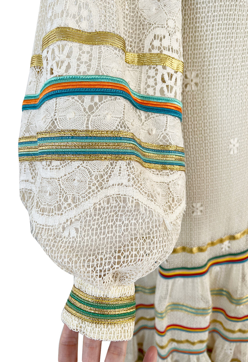 1975 Giorgio Sant' Angelo Hand Crochet Dress w Balloon Sleeves & Metallic Ribbon Detailing