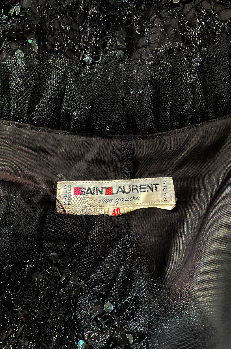 Fall 1987 Yves Saint Laurent Metallic Lame Lace & Black Sequin Bow Dre ...