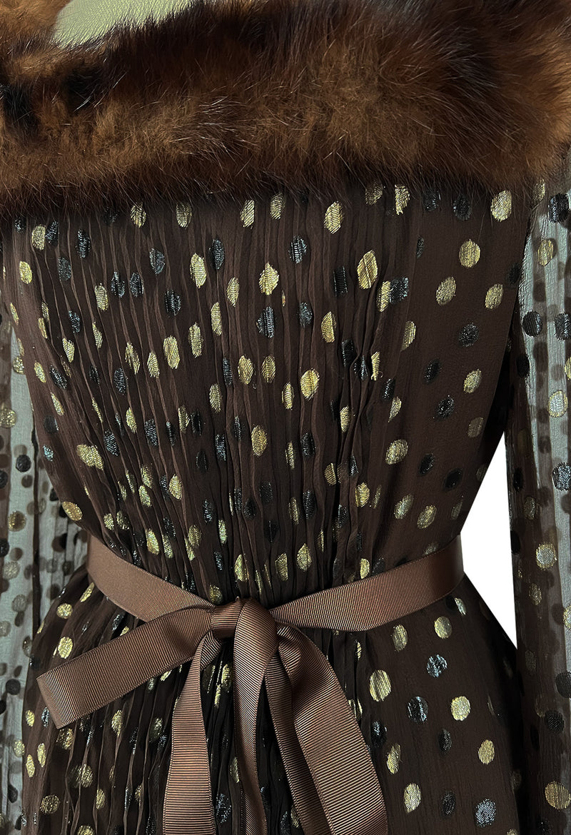 1970s Givenchy by Hubert de Givenchy Haute Couture Gold Metallic Dot on Silk Chiffon Dress w Mink Trim