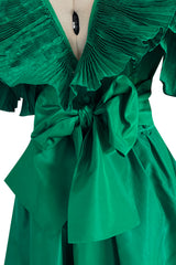 1980s Paul-Louis Orrier Emerald Green Silk Taffeta Couture Dress w Extravagant Ruffles