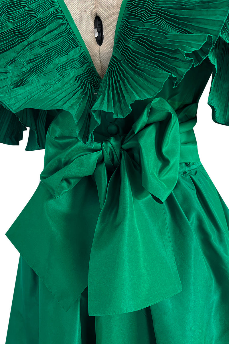 1980s Paul-Louis Orrier Emerald Green Silk Taffeta Couture Dress w Extravagant Ruffles