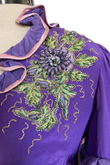 Rare 1960s Tiziani Couture by Karl Lagerfeld Purple Silk Dress w Intricate Hand Beading