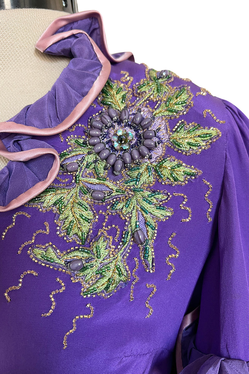 Rare 1960s Tiziani Couture by Karl Lagerfeld Purple Silk Dress w Intricate Hand Beading