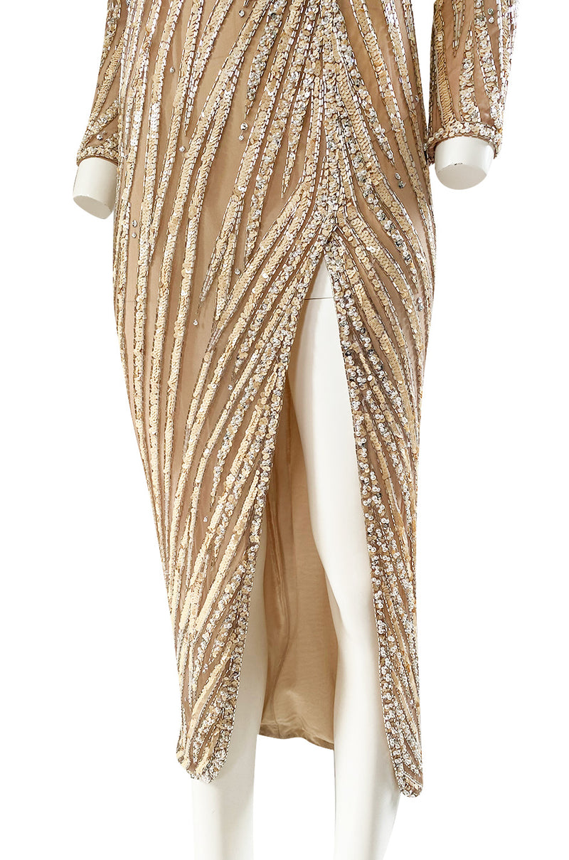 1980s Bob Mackie Ivory Sequin & Nude Stretch Net High Slit Dress