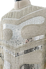 Iconic Spring 1981 Halston Fully Hand Beaded & Sequinned Silver & Ivory Silk Chiffon Dress