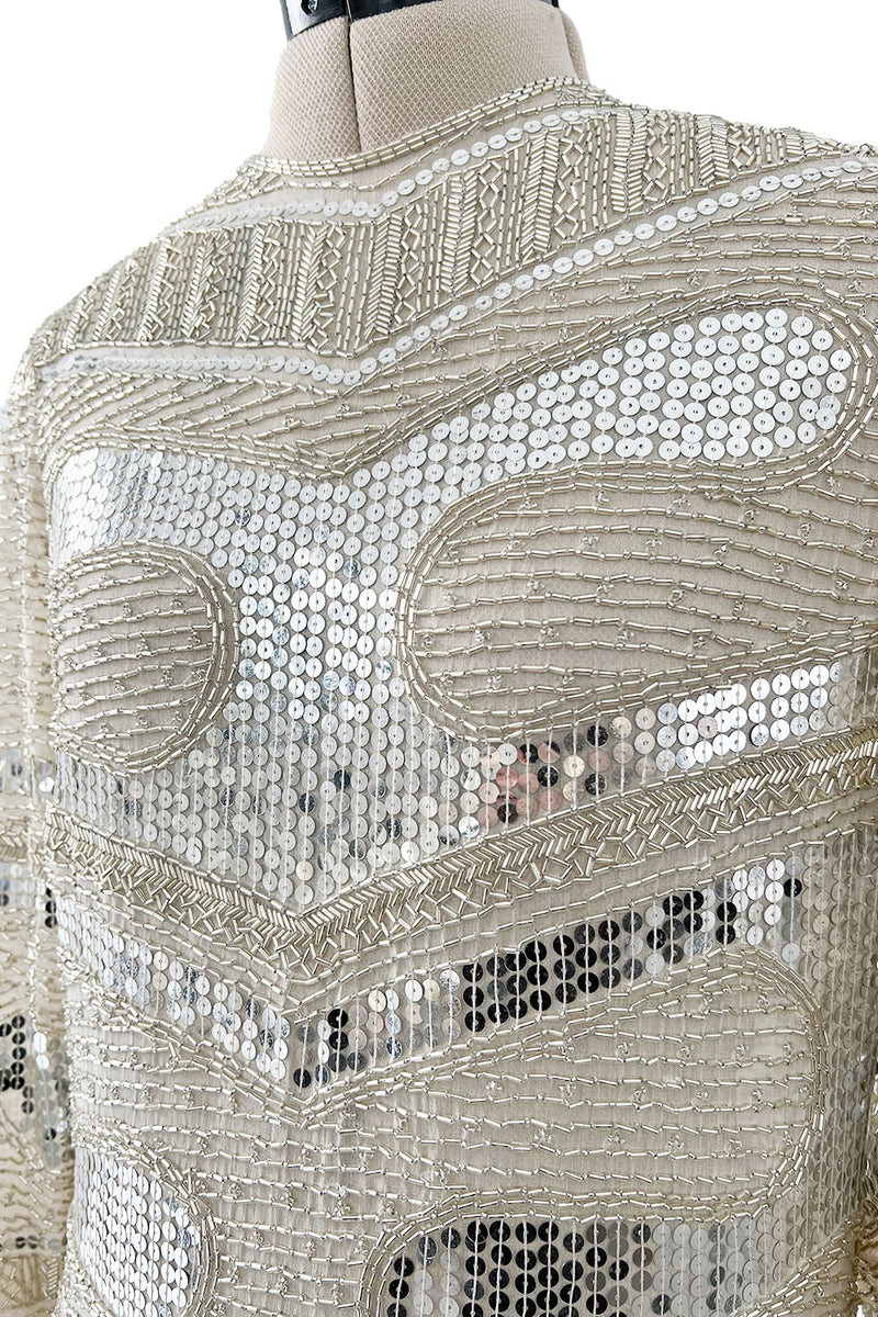 Iconic Spring 1981 Halston Fully Hand Beaded & Sequinned Silver & Ivory Silk Chiffon Dress