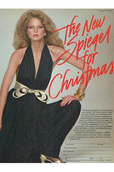 Documented 1980 Bill Tice Plunging Front Black Jersey Dress w Top Stitched Gold Belt