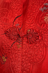 Gorgeous 1950s Red Silk Embroidered Asian Evening Coat w Top Stitched Cuffs & Collar