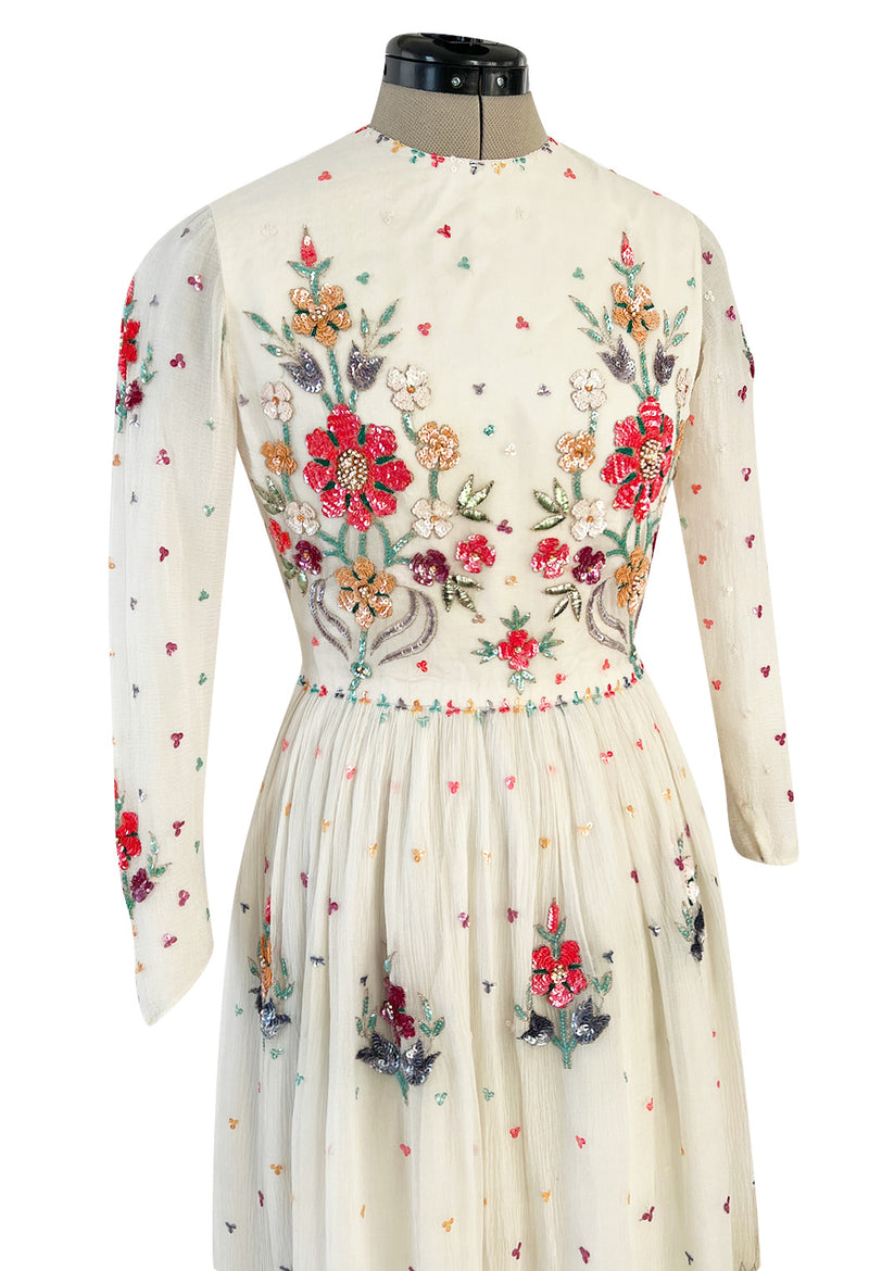 Exceptional 1960s Hand Sequinned Indian Silk Gauze Dress w Matching Veil or Shaw
