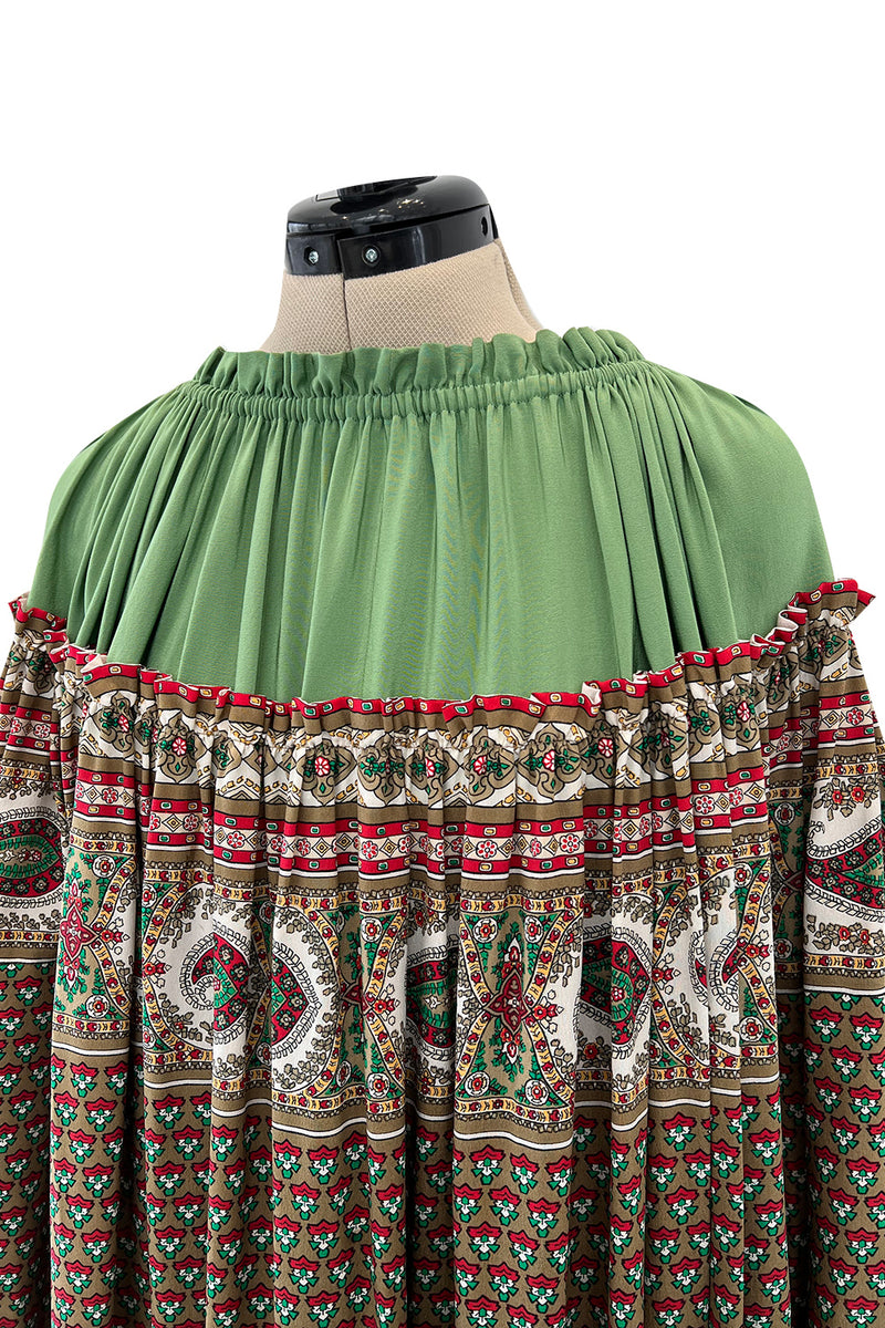 Gorgeous 1970s Lanvin Couture Printed Gathered Silk Caftan Dress w Balloon Sleeves & Felt Hem