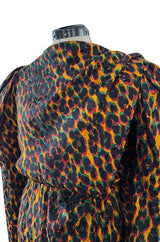 Iconic Fall 1982 Ady Couture Lausanne for Yves Saint Laurent Silk Leopard Print Dress w Draped Panel