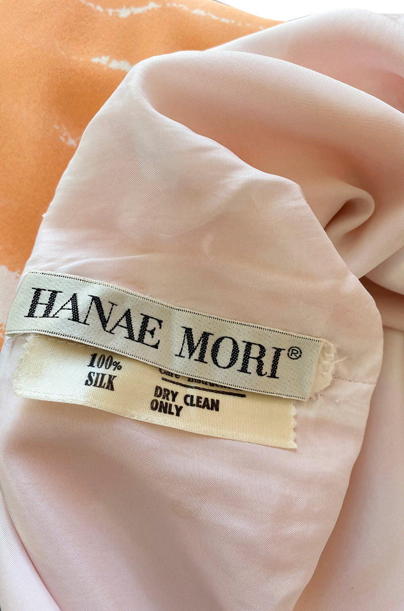 1980s Hanae Mori Pastel Tangerine & Ivory Printed Silk Chiffon Dress w Matching Chiffon Capelet