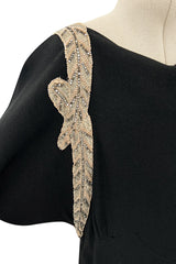 Fabulous 1930s Black Bias Cut Silk Crepe Dress w Unusual Rhinestone & Beaded Applique