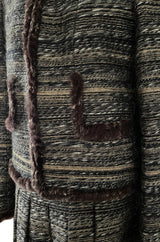 Stunning Fall 2005 Chanel Metallic Silk Mohair Fur Trimmed Tweed Jacket & Pleated Skirt Suit
