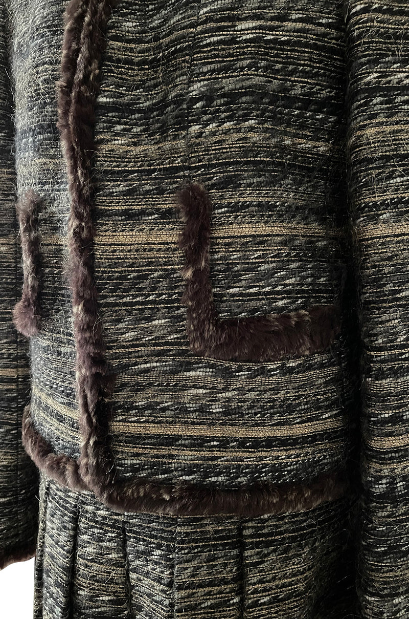 Stunning Fall 2005 Chanel Metallic Silk Mohair Fur Trimmed Tweed Jacket & Pleated Skirt Suit