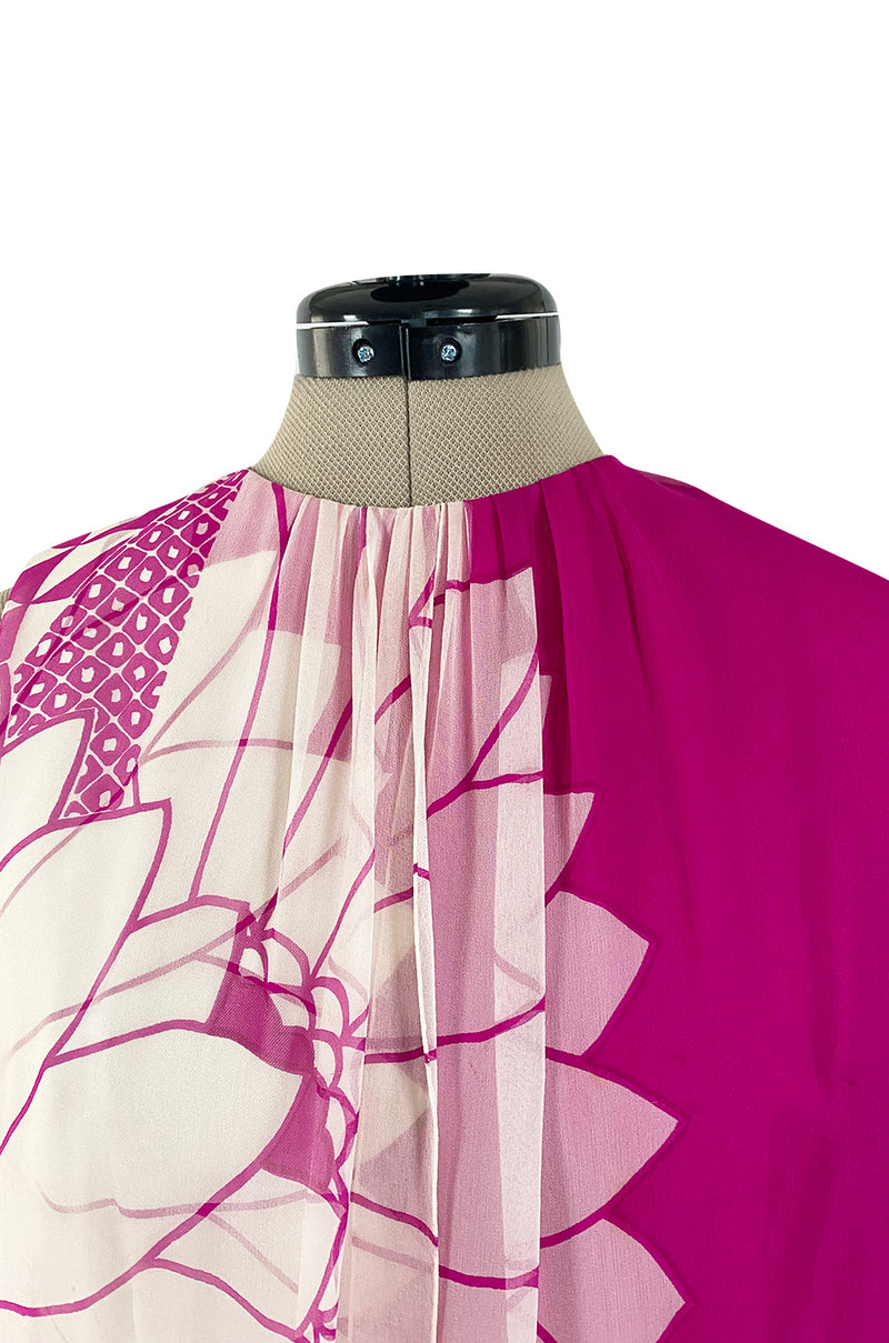 1969 Hanae Mori Chrysanthemum Print Pink Silk Twill & Silk Chiffon Dress