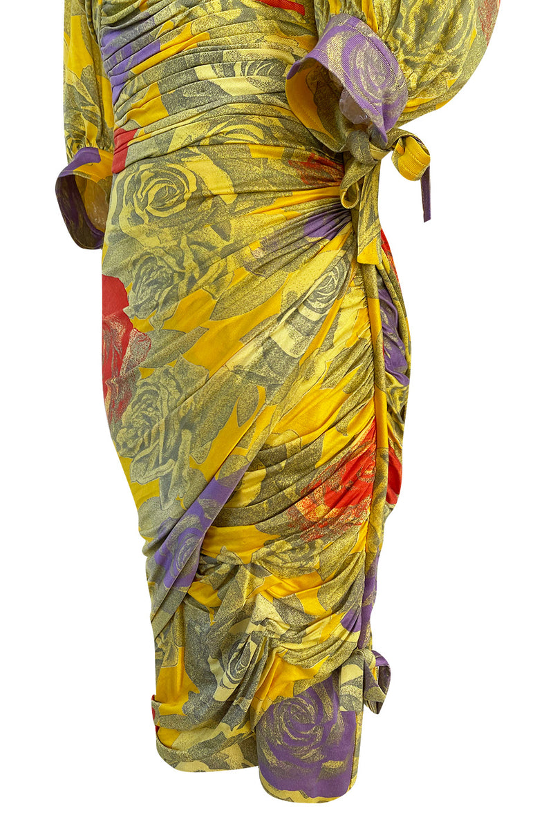 Prettiest 1980s Emanuel Ungaro Yellow Floral Print Silk Jersey Dress w Cut Outs & Bows
