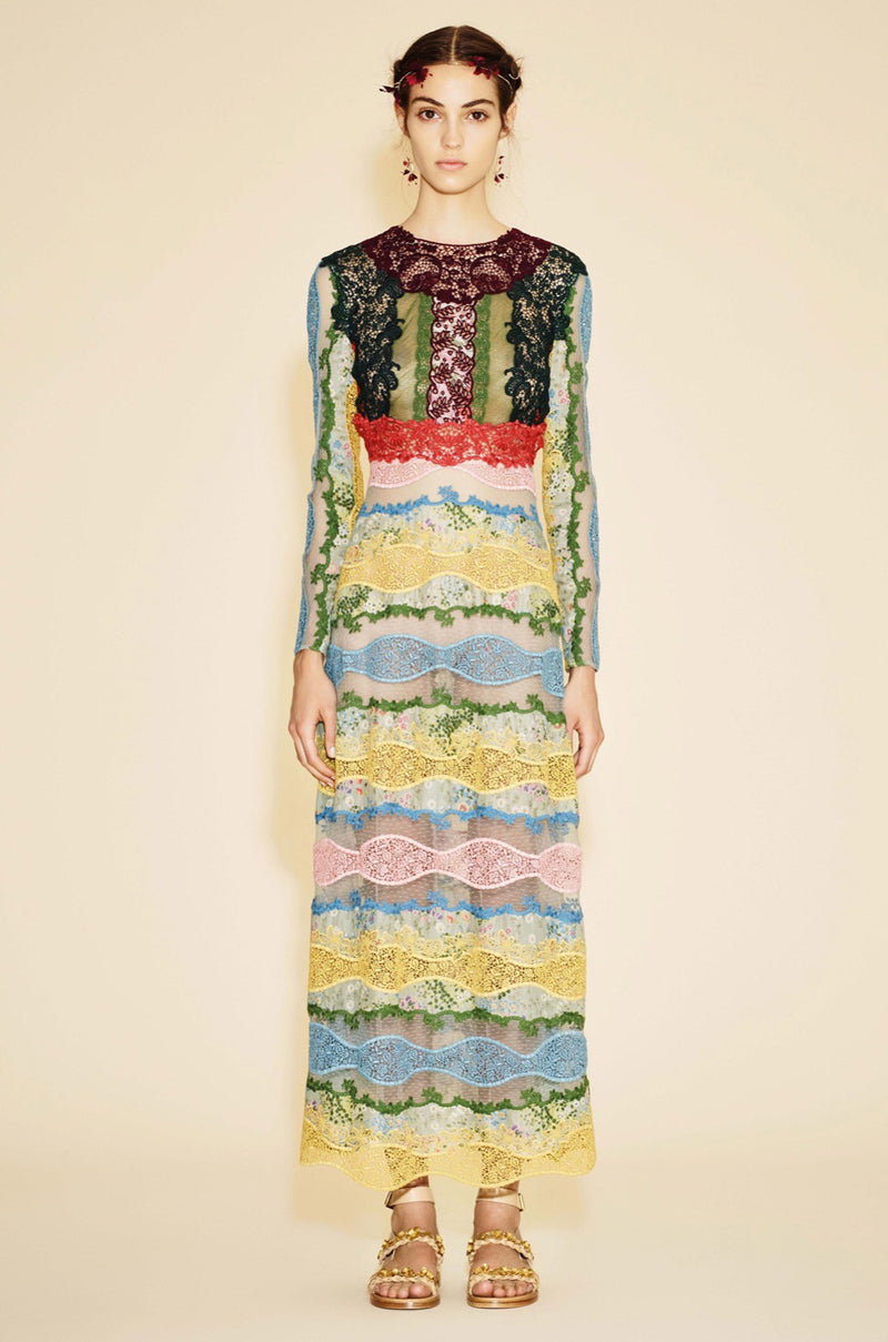 Resort 2016 Valentino Lace, Silk and Cotton Backless Patchwork Dress