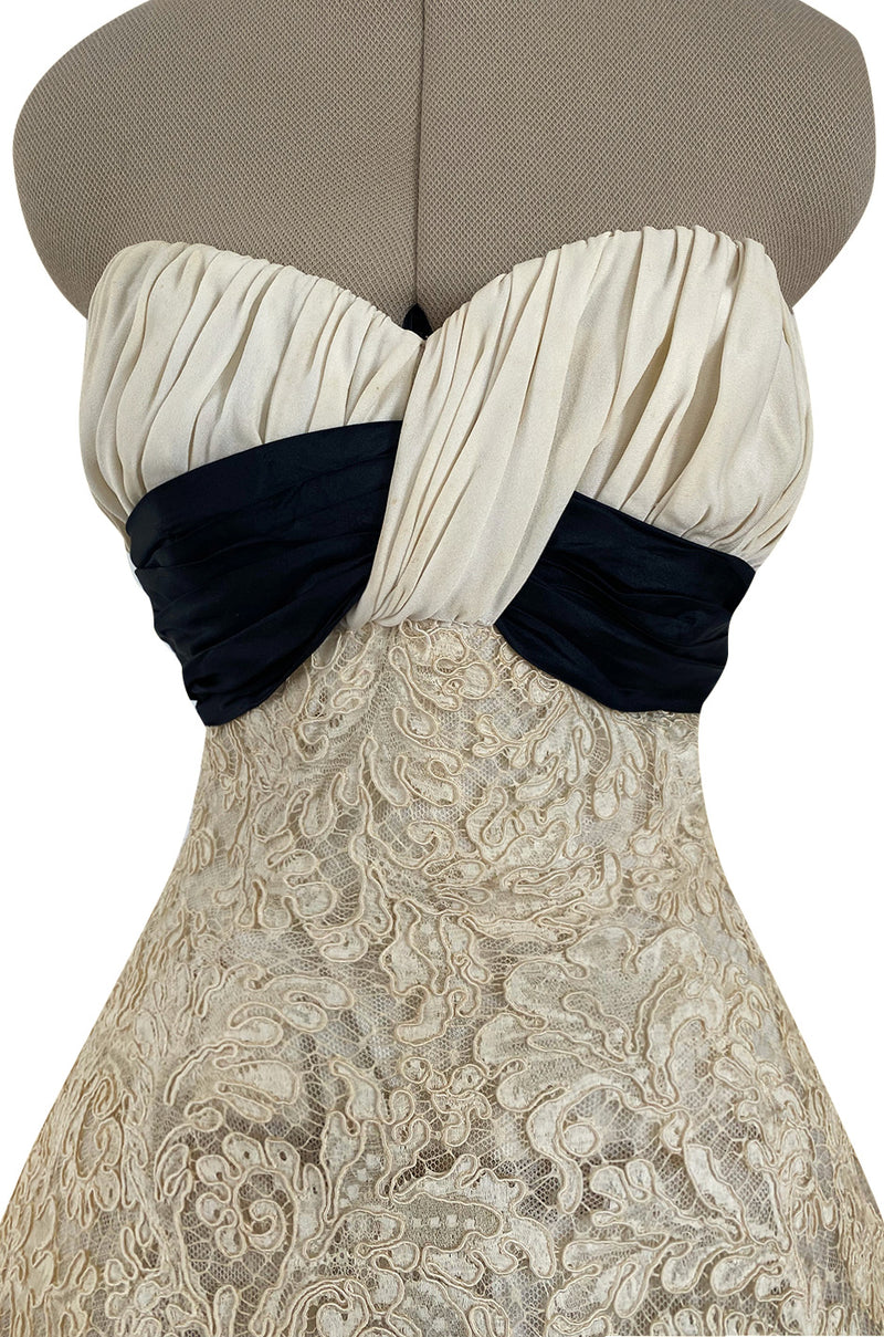 Exceptional Spring 1956 Pierre Balmain Haute Couture Strapless French Alencon Lace & Silk Organza Dress