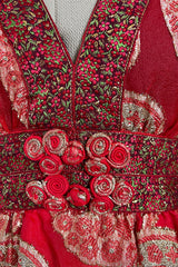 Spectacular 1970s Bill Blass Red Organza & Gold Metallic Applique Dress