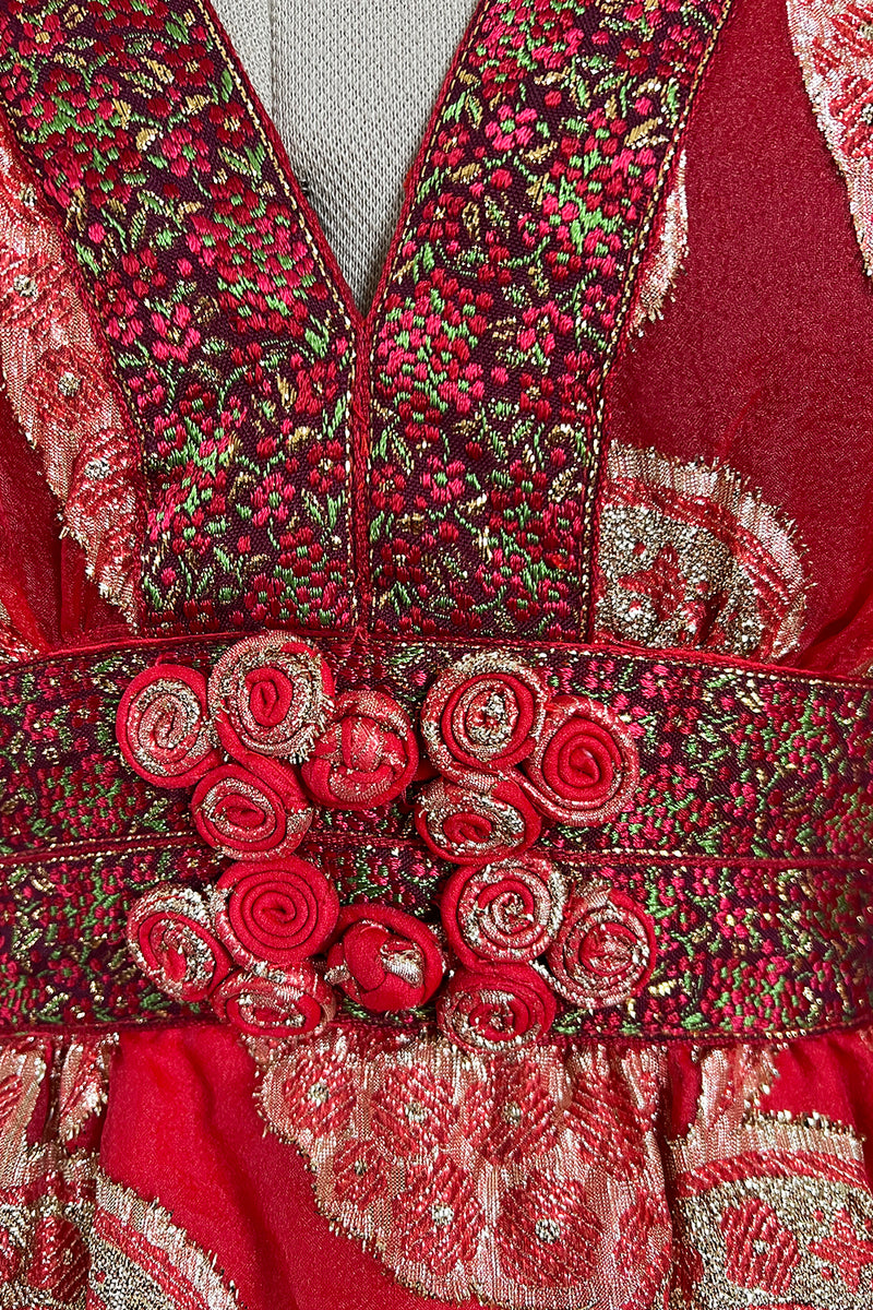 Spectacular 1970s Bill Blass Red Organza & Gold Metallic Applique Dress