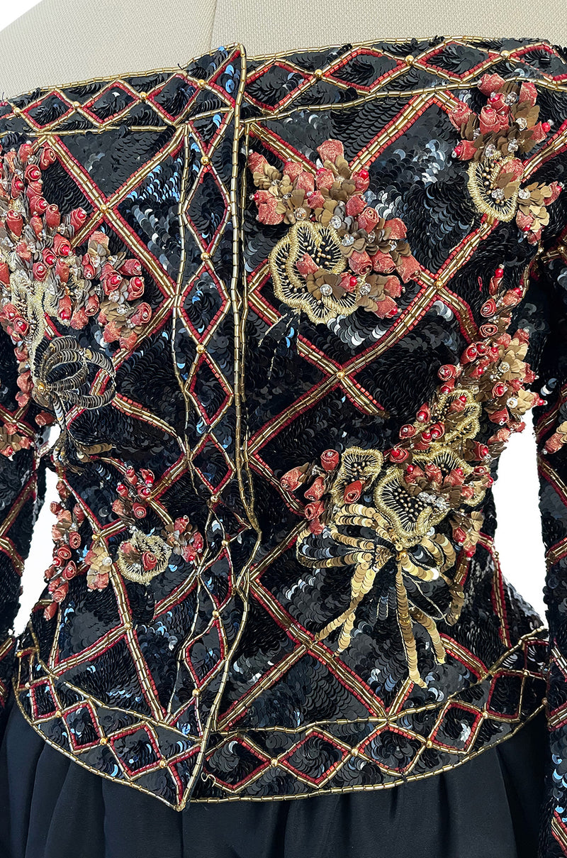 Elaborate 1987 John Anthony Couture Off Shoulder Mini Dress w Sequin Beading & Rosettes