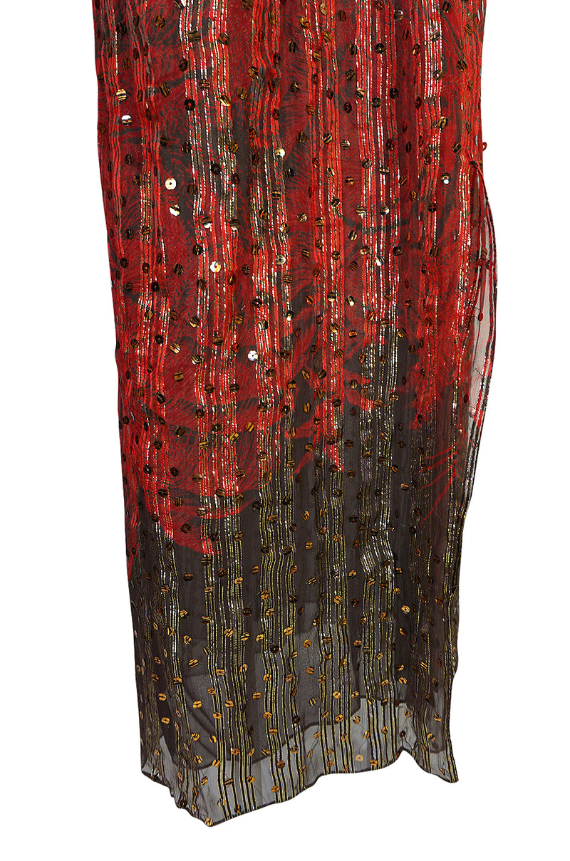 Fall 1979 Bill Blass Couture Hand Sequin Gold & Red Silk Chiffon Dress