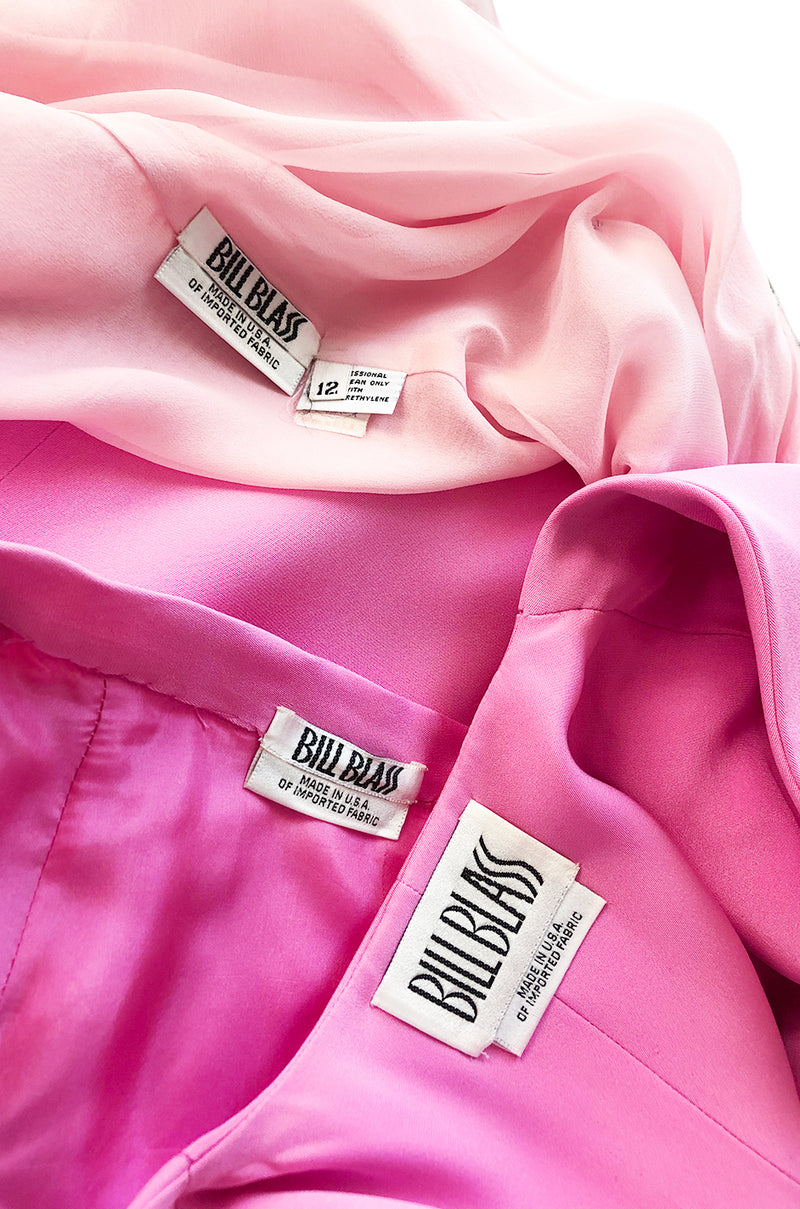 1980s Bill Blass Baby Pink Evening Jacket, Skirt & Silk Top Dress Suit