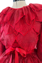 1980s Unlabeled Nina Ricci by Girard Pipard Haute Couture Red Silk & Net Leaf or Petal Dress