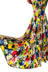 Outstanding 1930s Unlabeled Vibrant & Joyous Mutli Colour Floral Silk Crepe Dress