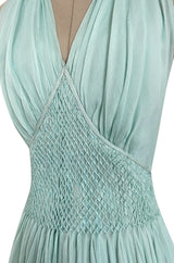 Spring 1976 Chanel Haute Couture Pale Turquoise Silk Chiffon Dress w PinTuck Gathered Front